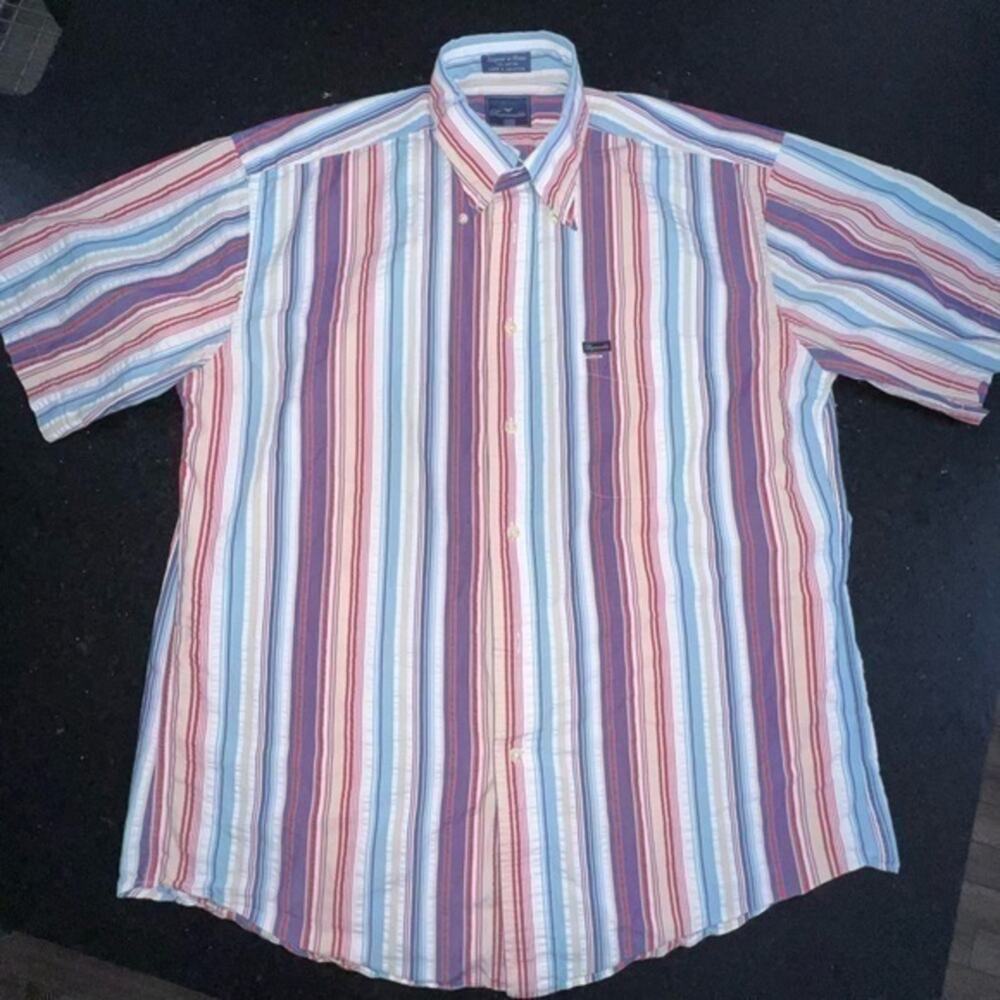 UEC Façonnable RED WHITE BLUE SEERSUCKER SHORT SLEEVE SHIRT SZ L